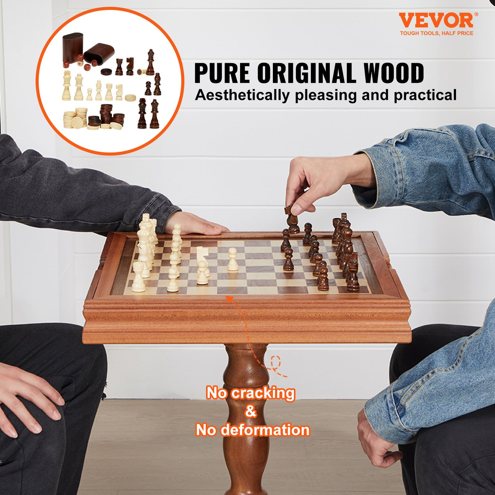 Start2Finish VEVOR 3-in-1 wooden chess, checkers, and backgammon game table set with 18-inch board for family fun and entertainment.