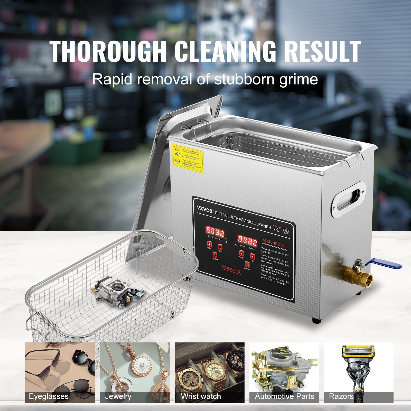 Start2Finish VEVOR ultrasonic jewelry cleaner with digital timer, heater, stainless steel tank for glasses, watches, rings, and small parts.