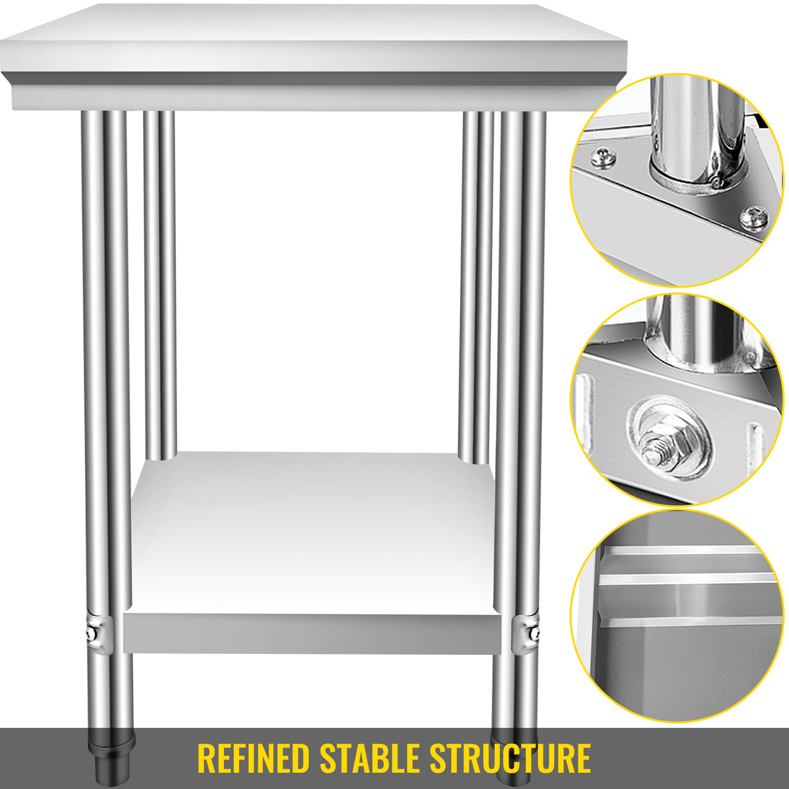 Start2Finish stainless steel prep table with adjustable height levels, heavy-duty work surface for commercial kitchen or garage use.