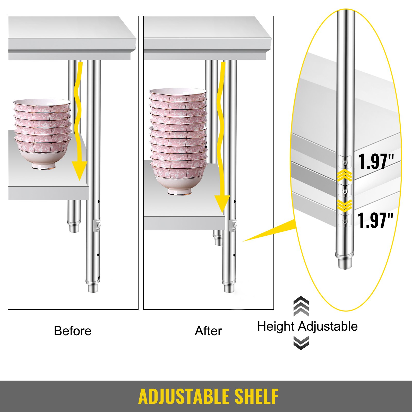 Start2Finish stainless steel prep table with 3 adjustable height levels, heavy-duty kitchen or workshop workstation.