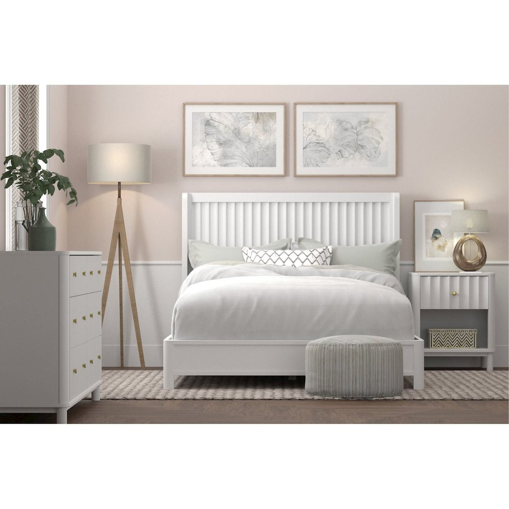 White Stapleton Queen Panel Bed by Start2Finish, showcasing a sturdy wooden bed frame with a classic panel headboard.