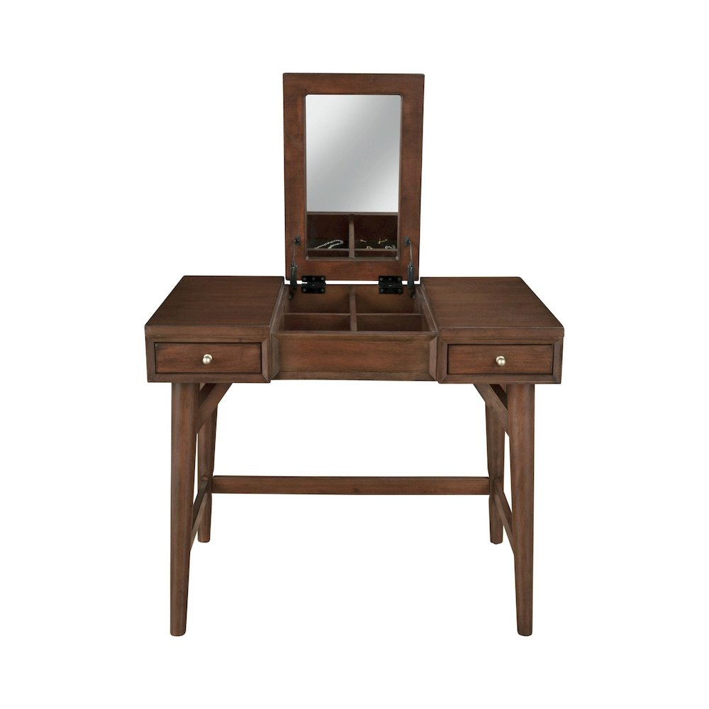 Walnut Flynn Bedroom Vanity by Start2Finish showing a sleek wooden vanity with a mirror and storage drawers.