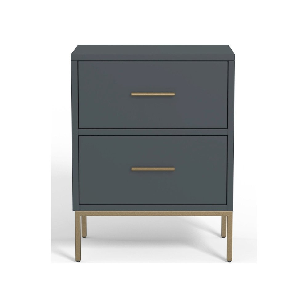 Slate gray Madelyn two-drawer nightstand by Start2Finish, showing front view with sleek drawer handles and smooth finish.