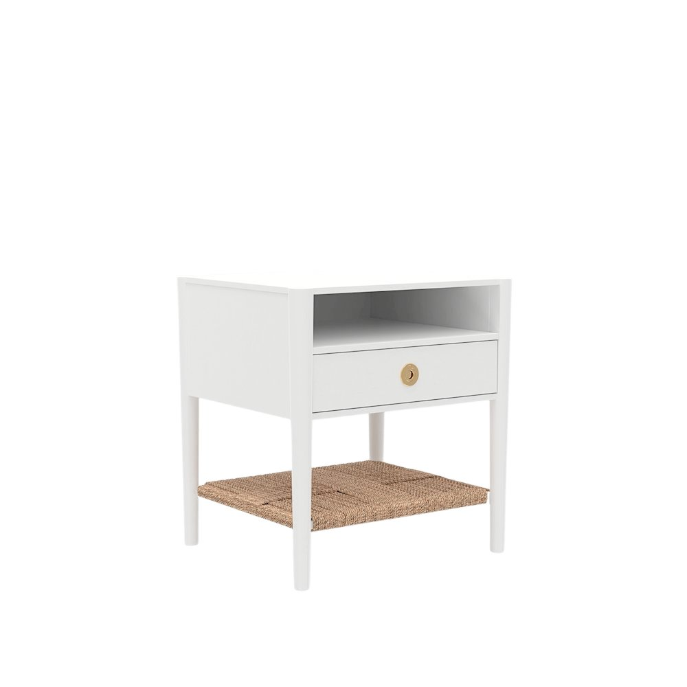 Cleo Nightstand by Start2Finish in coconut milk finish, featuring a sleek modern design with a drawer and open shelf.