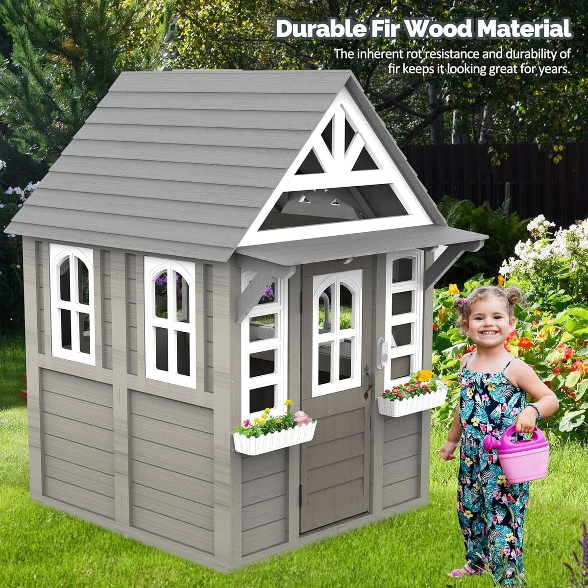 Gray Weatherproof Outdoor Wooden Playhouse With Sink
