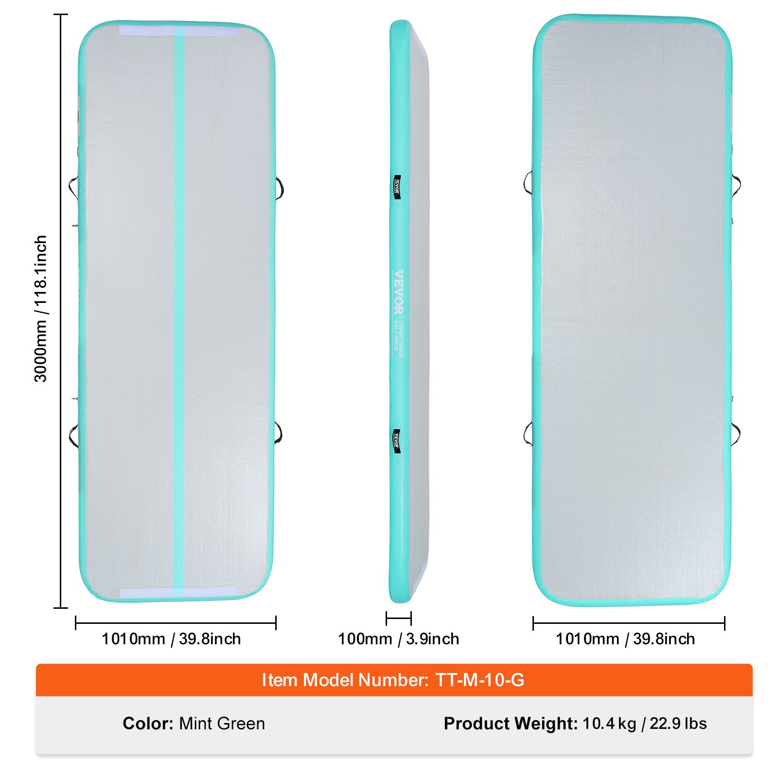 Mint green VEVOR inflatable gymnastics air mat, 4-inch thick tumble track with electric pump, suitable for home, gym, and outdoor use.