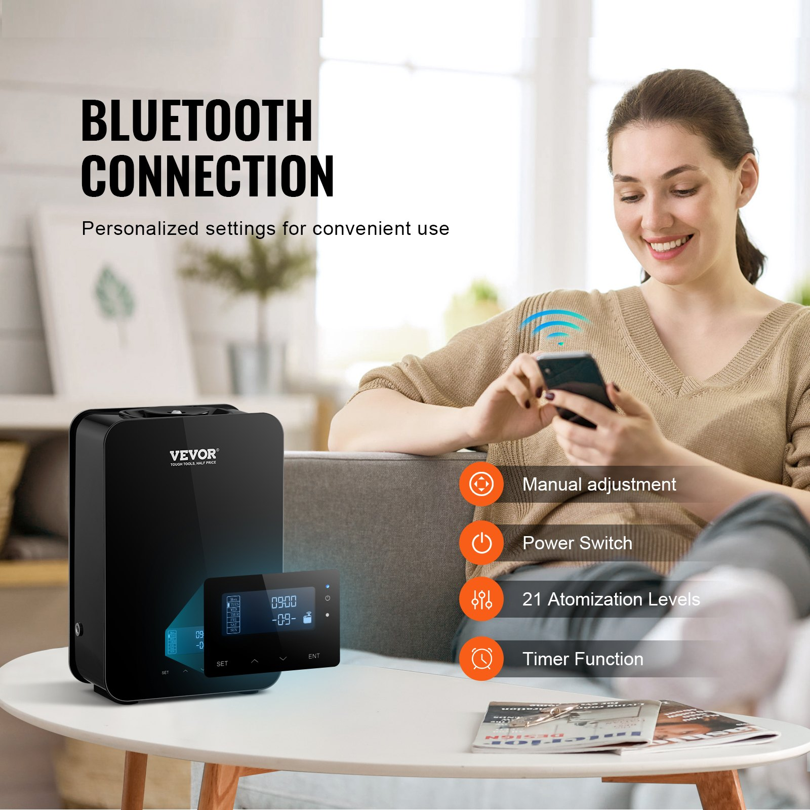 Start2Finish VEVOR scent air machine with 180ml capacity, Bluetooth essential oil diffuser for home and office aromatherapy.