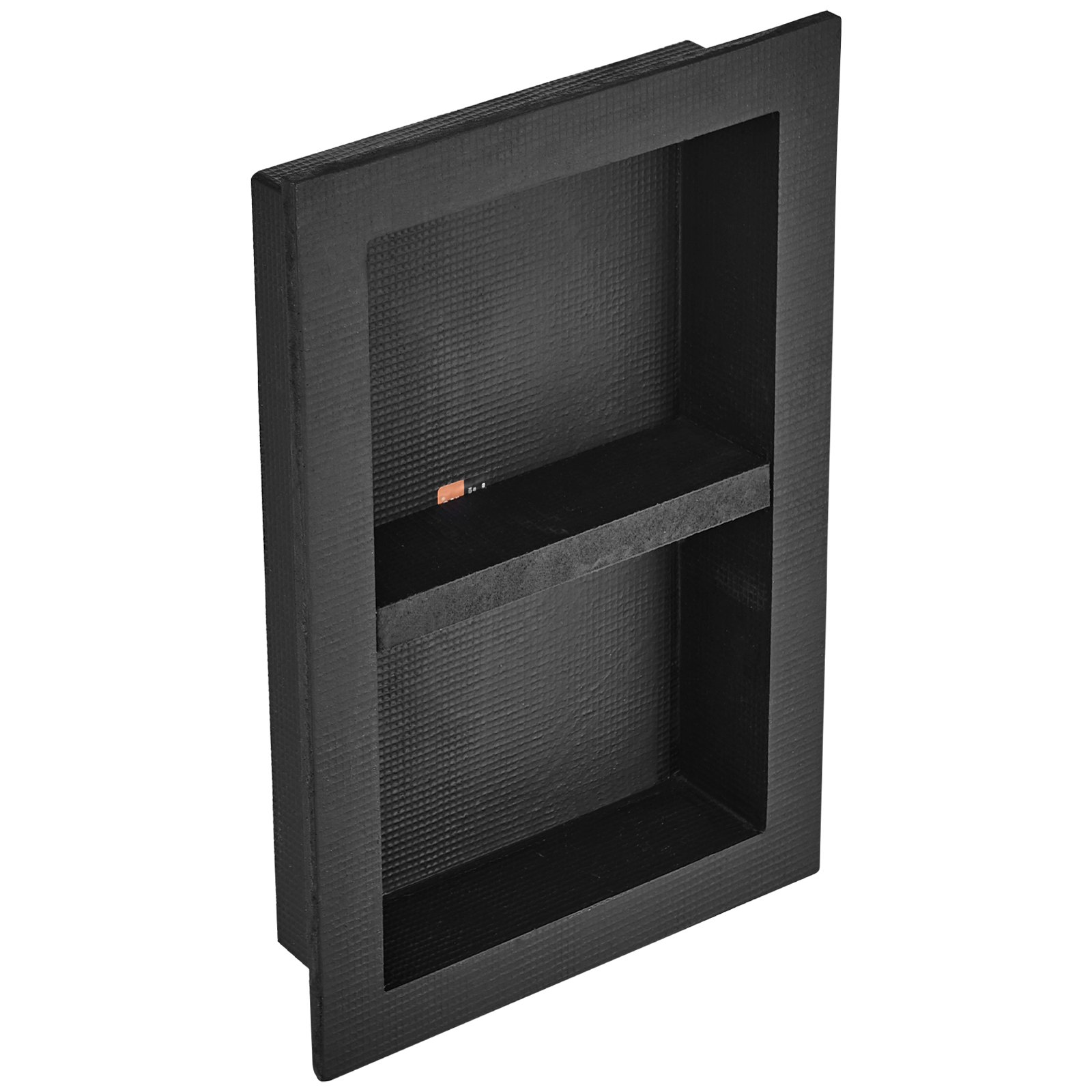 Black VEVOR shower niche with double shelves, square corners, wall-inserted, recessed design for modern bathroom soap storage.