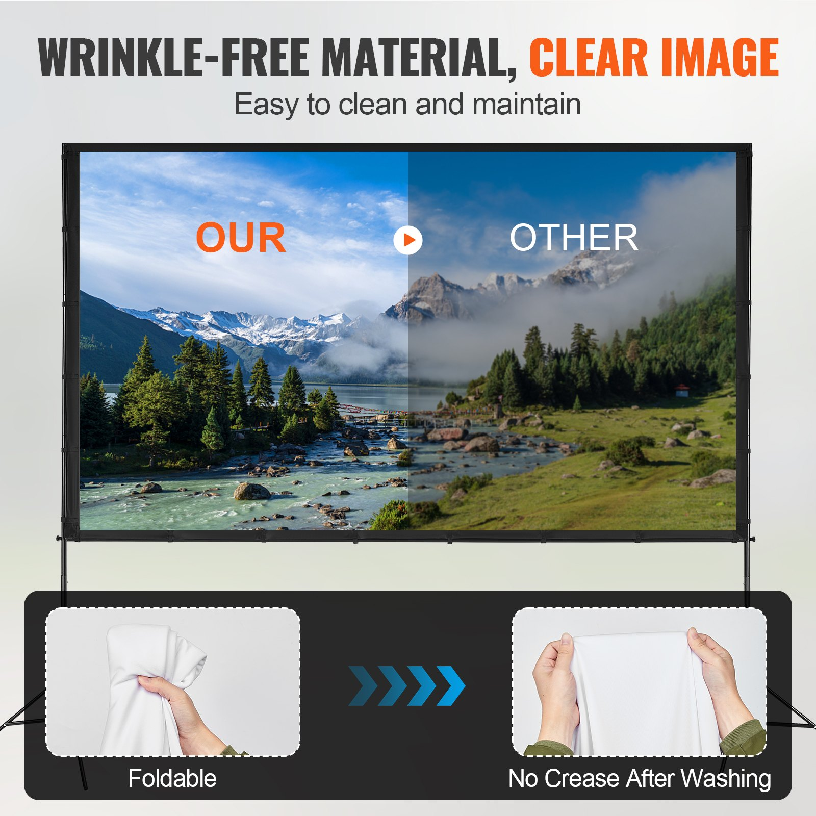 Start2Finish VEVOR 120-inch outdoor projector screen with stand, 16:9 aspect ratio, wrinkle-free surface for home or backyard movie nights