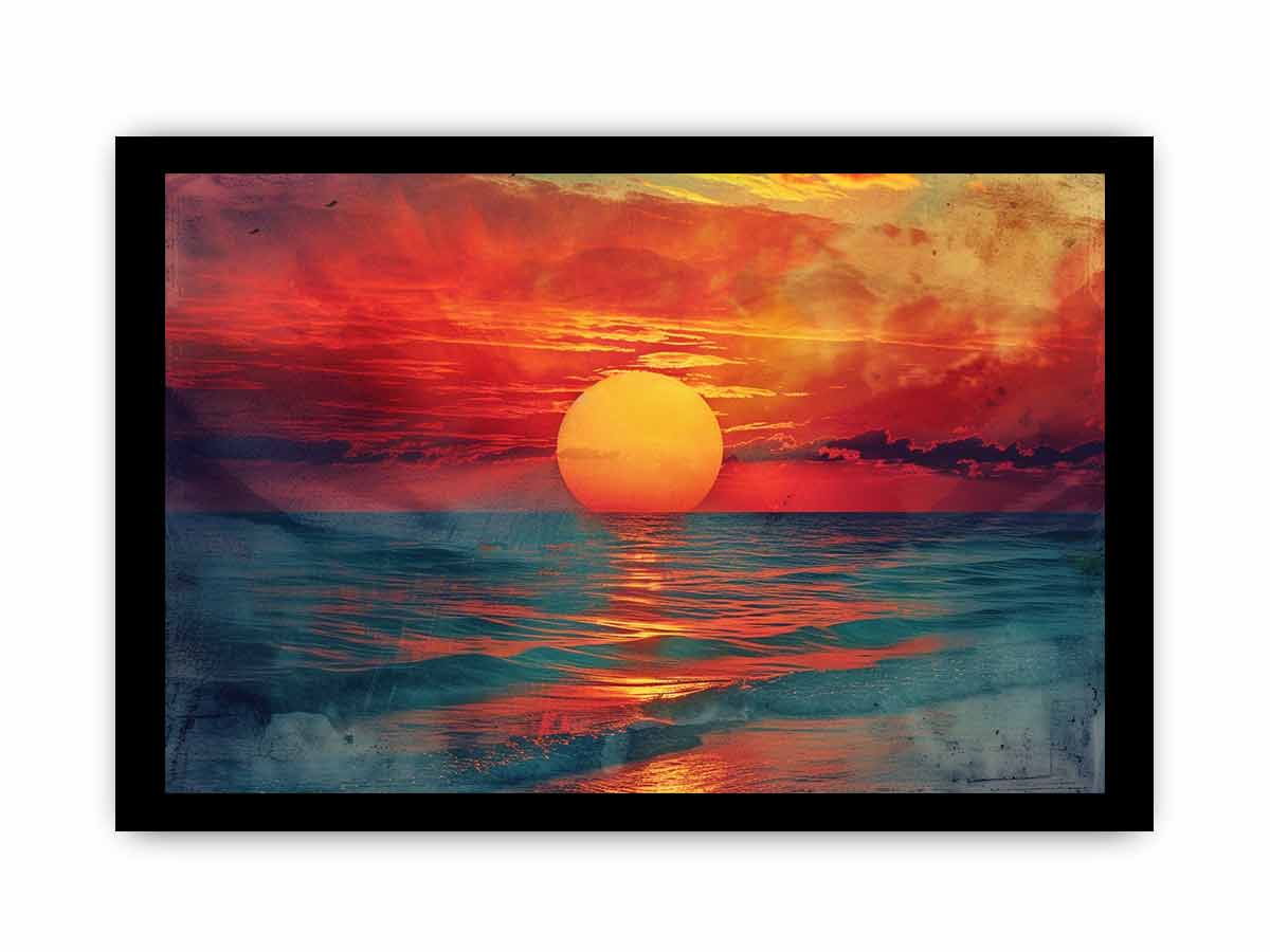 Framed sunset wall art print by Start2Finish, featuring vibrant orange and purple hues in a serene sunset scene for home decor