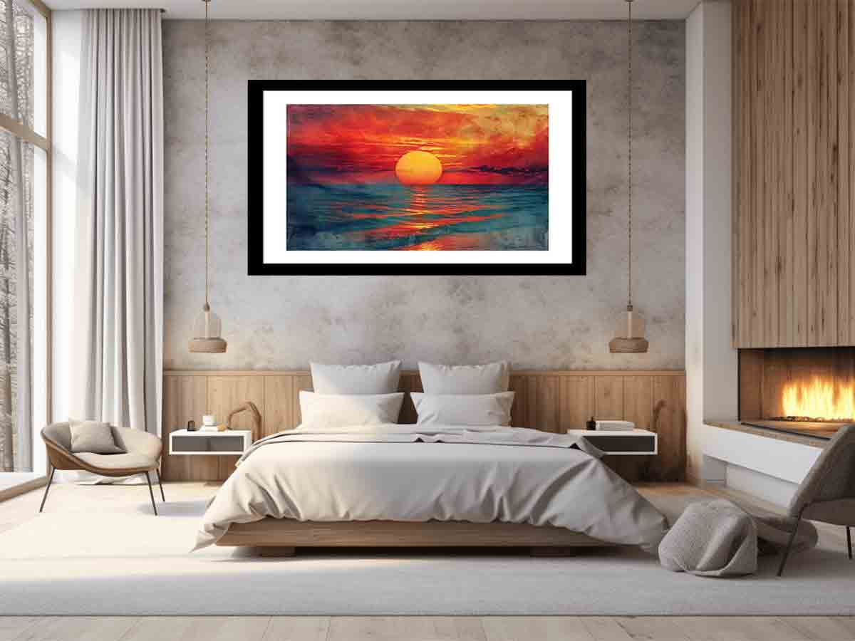 Sunset framed print for home decor by Start2Finish, featuring a vibrant sunset scene in a sleek frame.