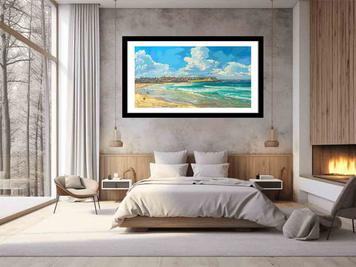 Start2Finish Bondi Beach art print for home decor, featuring vibrant beach scene with sandy shores and blue ocean.