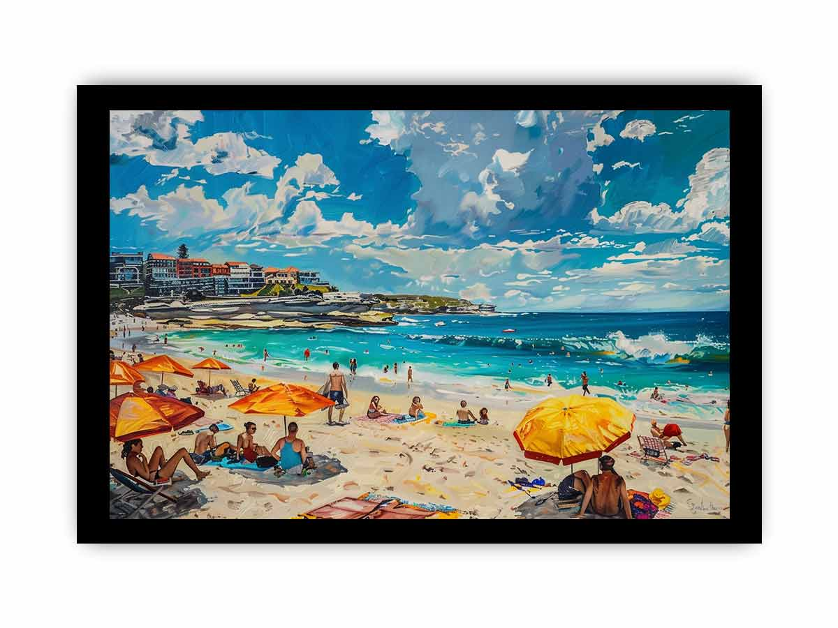 Framed Bondi Beach print by Start2Finish, featuring a vibrant beach scene with waves and sandy shore for home decor.