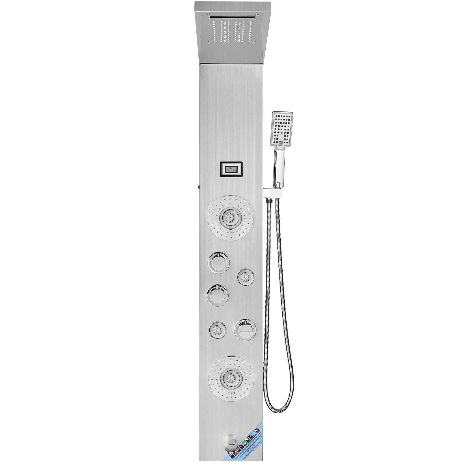 Start2Finish VEVOR shower panel system with 6 modes, LED display, rainfall, waterfall, massage jets, hand shower, and stainless steel wall mount.