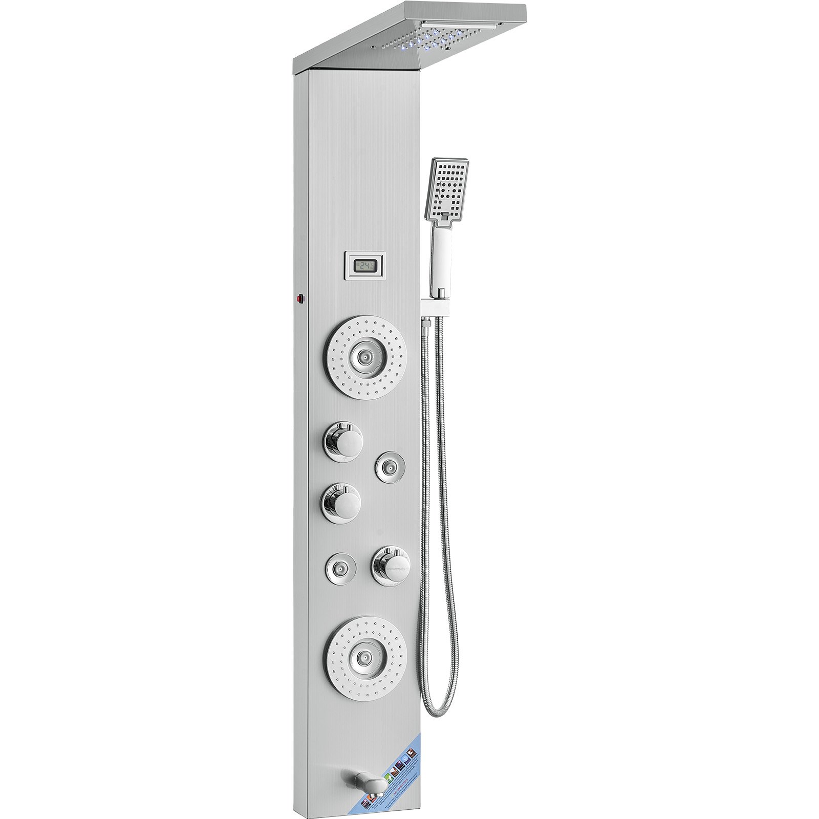 Start2Finish VEVOR shower panel system with 6 modes, LED display, rainfall, waterfall, massage jets, tub spout, and handheld shower.