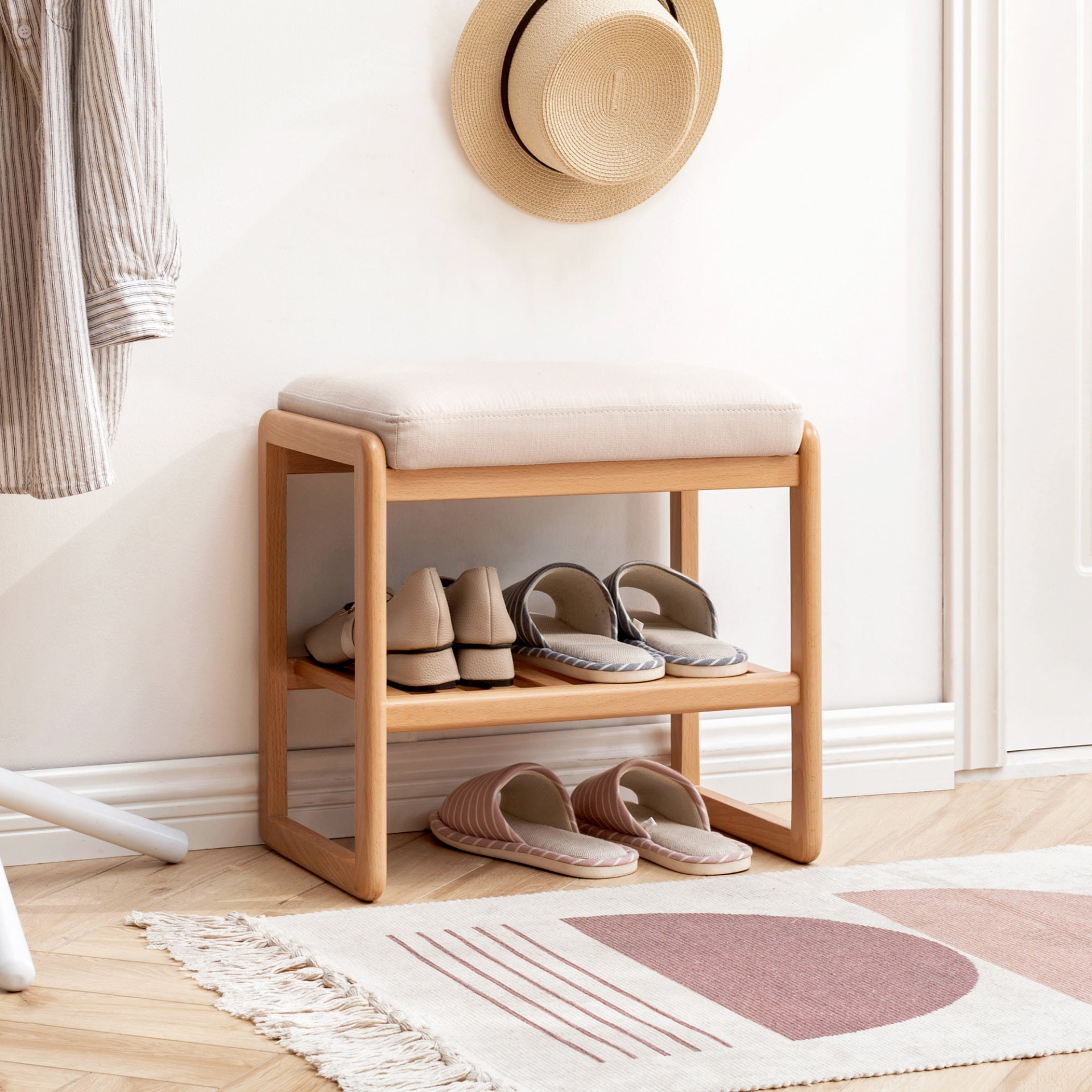 Solid wood shoe storage bench by Start2Finish with cushioned seat, ideal for entryway organization and natural wooden furniture.