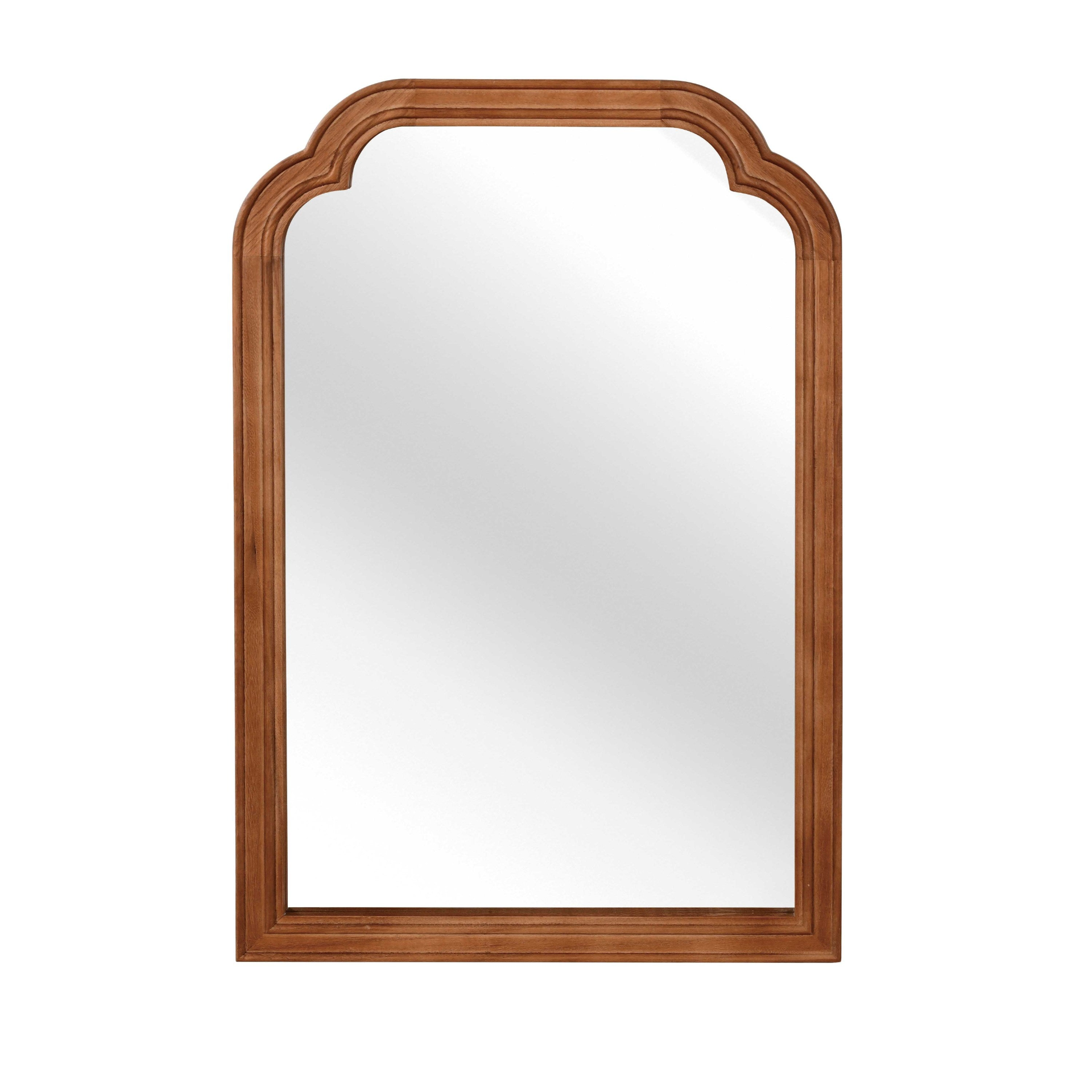 Round solid wood wall mirror with rounded corners, ideal for bathroom, bedroom, entryway, or living room decor.
