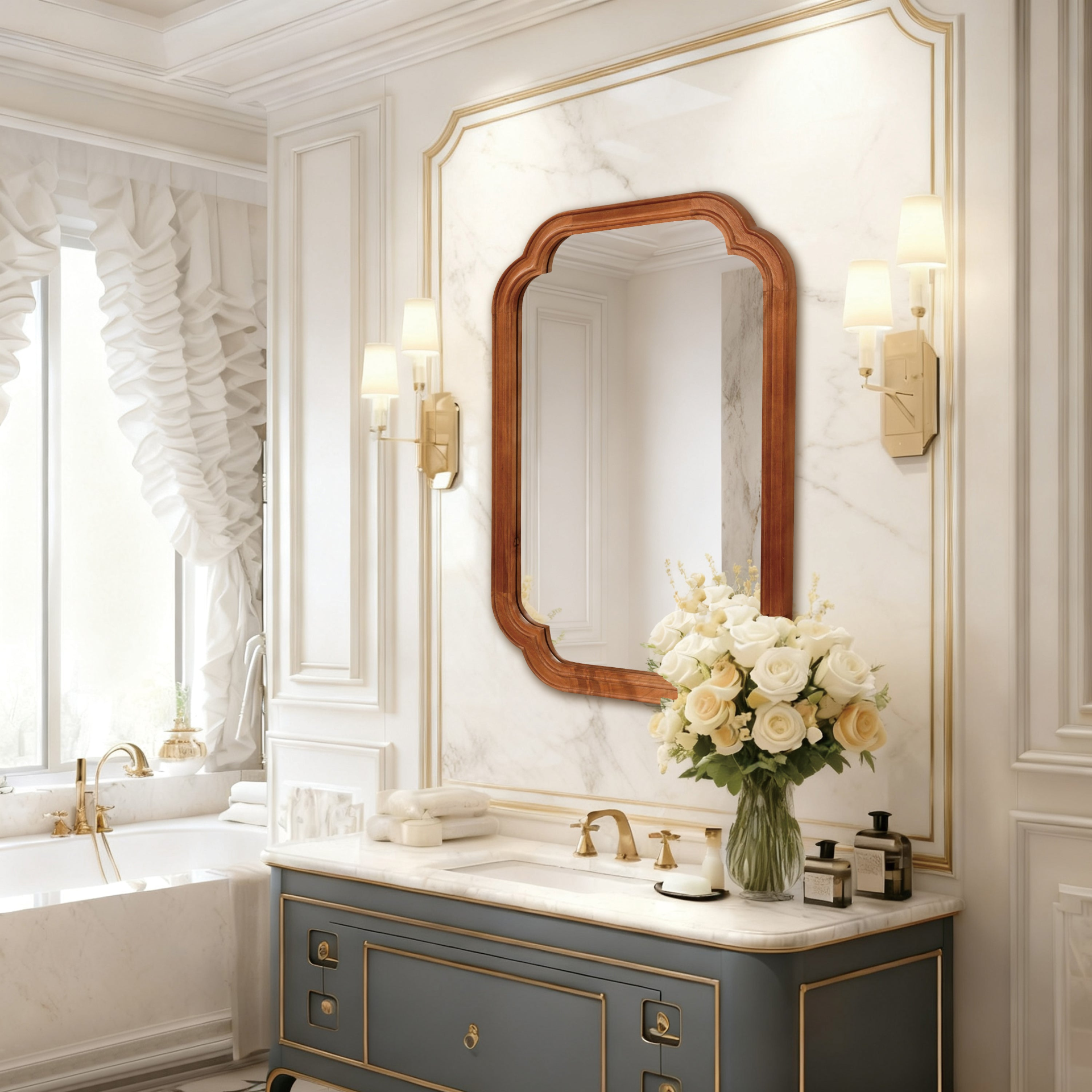 Start2Finish rounded corner solid wood wall mirror with clean frame, suitable for bathroom, bedroom, entryway, or living room decor.