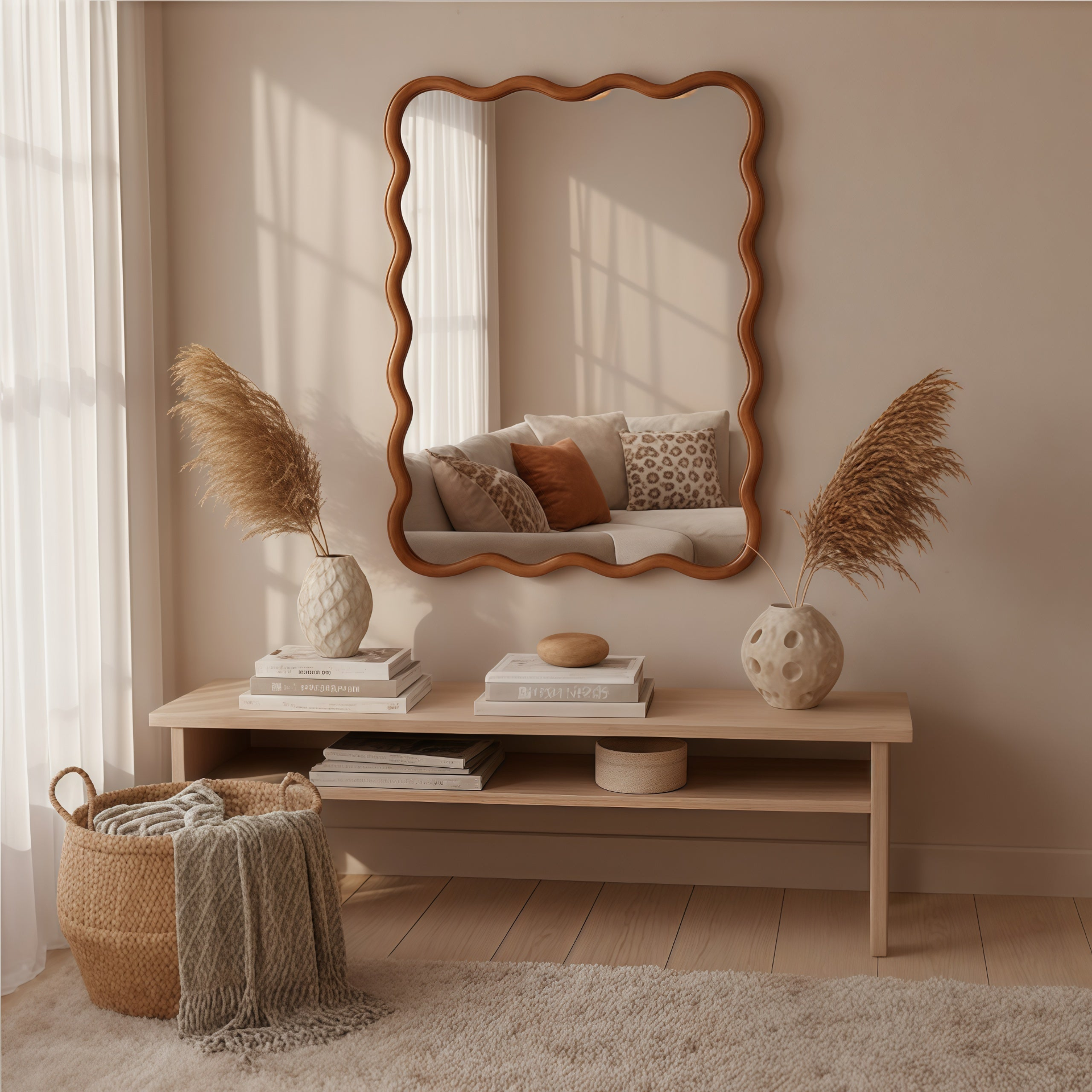Wavy solid wood wall mirror with curved frame, suitable for bathroom, bedroom, or entryway, by Start2Finish.