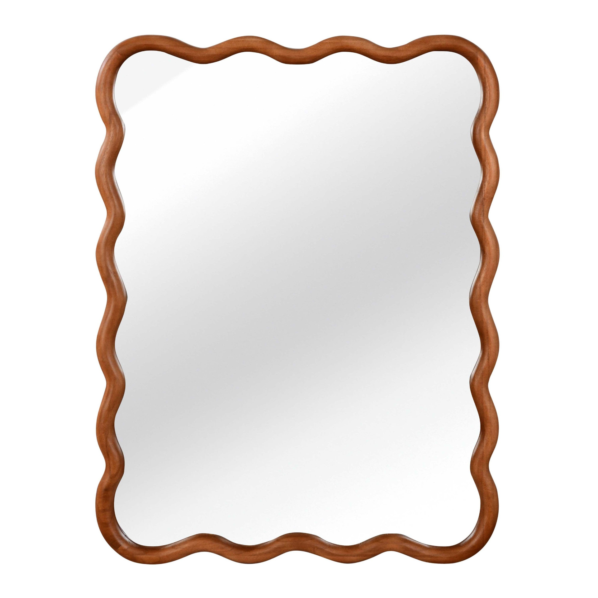 Wavy solid wood wall mirror with curved frame, ideal for bathroom, bedroom, or entryway, by Start2Finish.