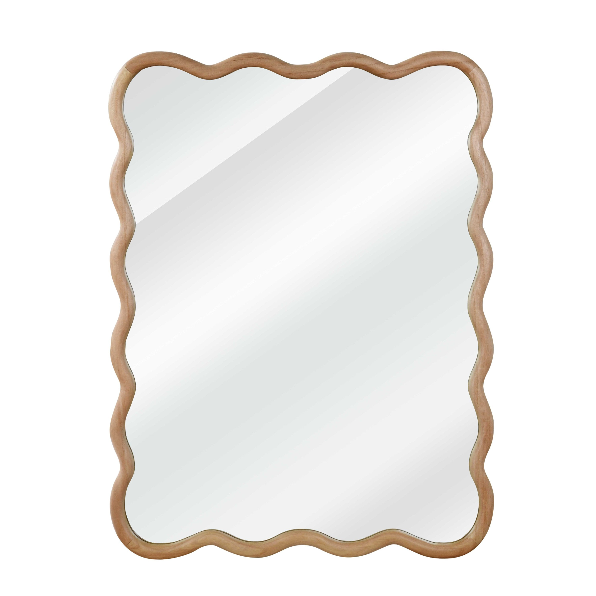 Wavy solid wood wall mirror with curved frame, ideal for bathroom, bedroom, or entryway decor, by Start2Finish.