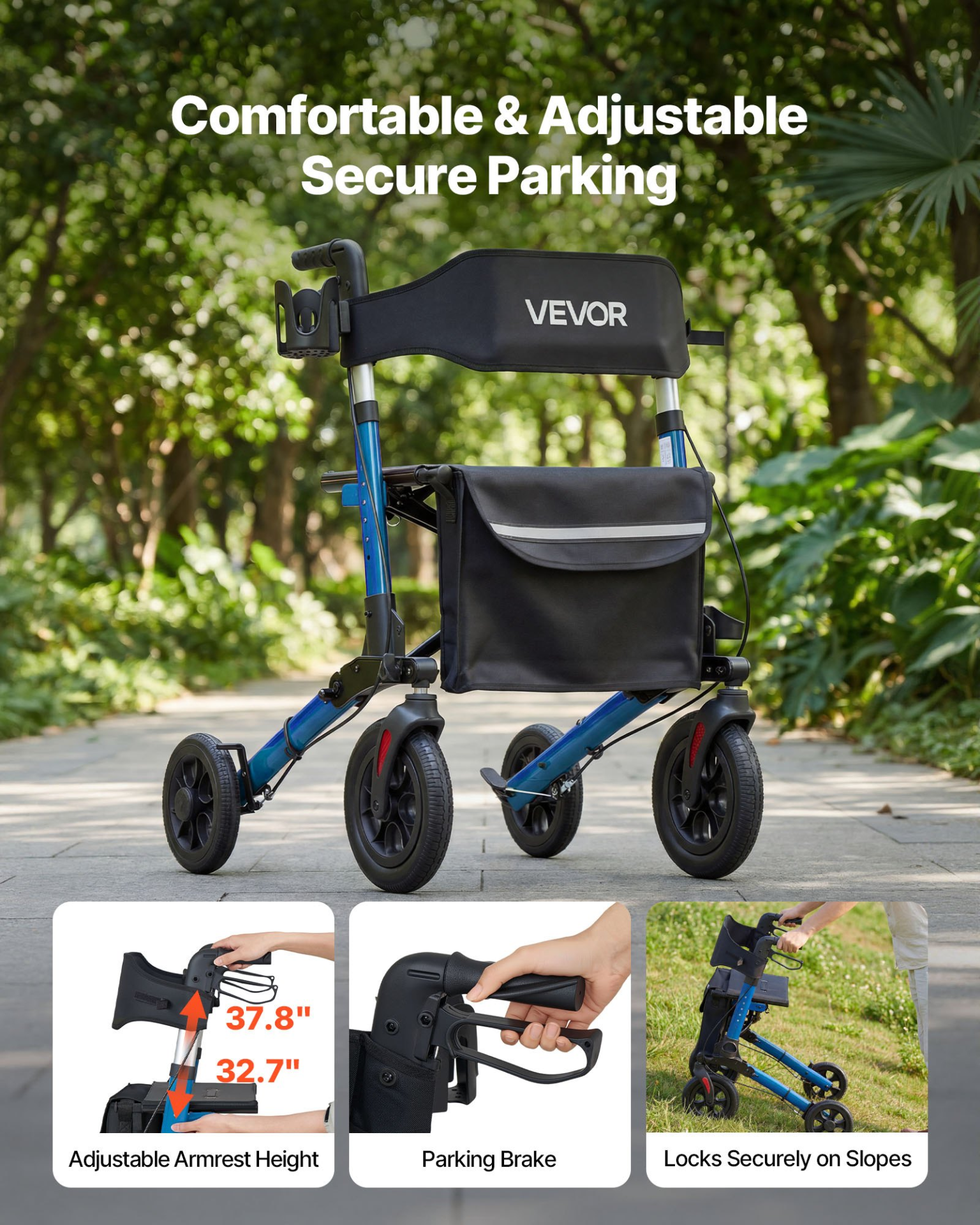 Start2Finish VEVOR rollator walker with seat, lightweight aluminum frame, PU wheels, adjustable handles, cup & cane holder for seniors.