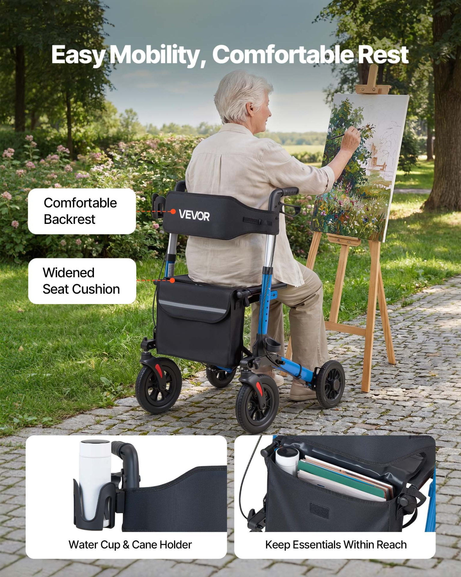 Start2Finish VEVOR rollator walker with seat, lightweight aluminum frame, PU solid wheels, adjustable handles, cup and cane holder.