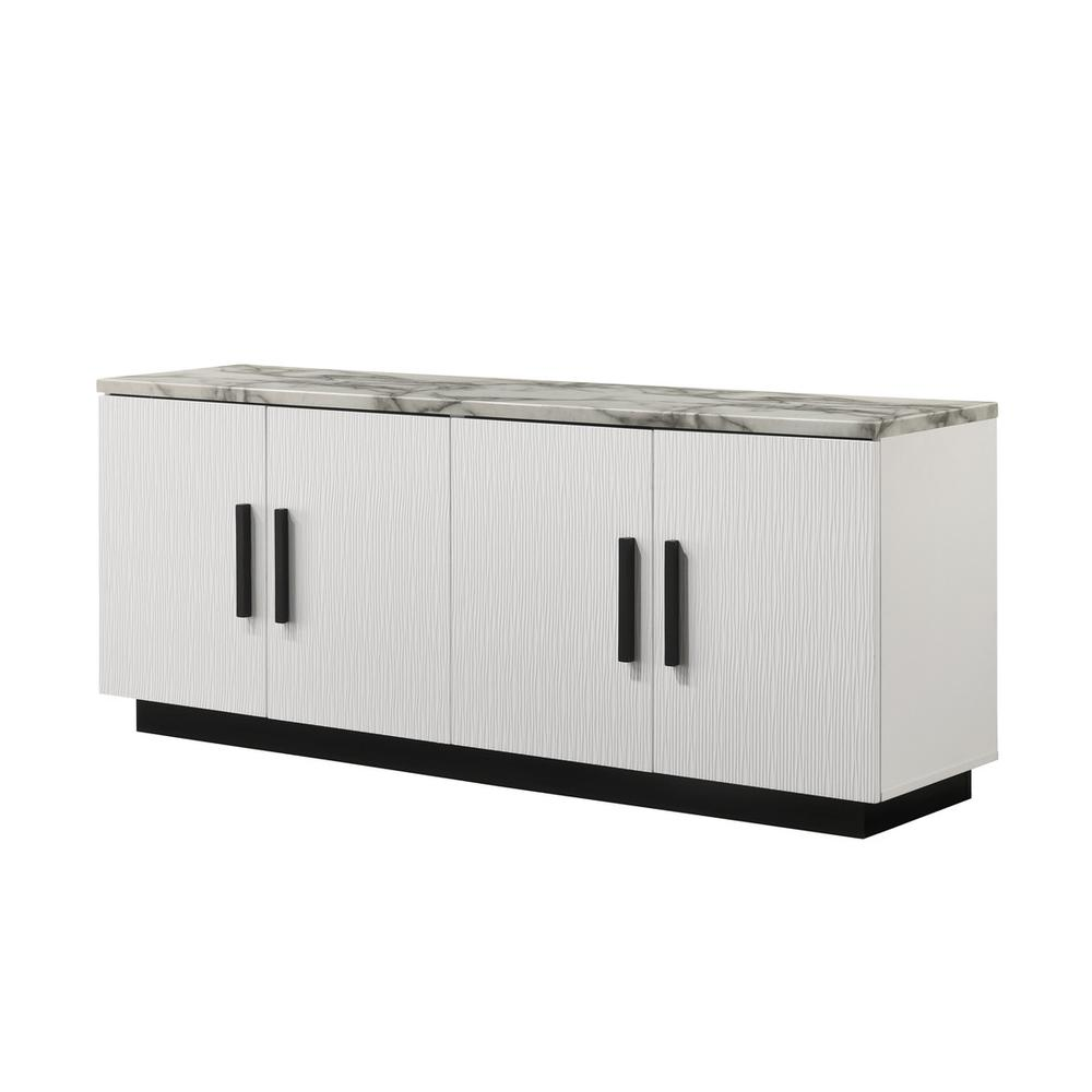 Start2Finish Matilda 63-inch white cabinet console table with white faux marble top, showcasing its sleek furniture design.