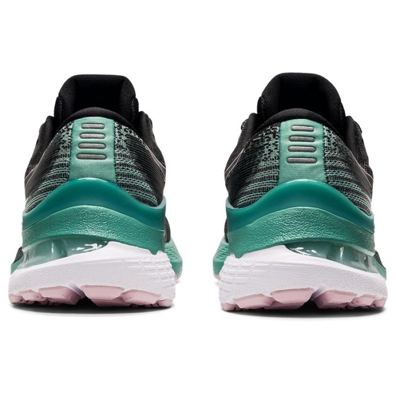 Asics Gel Kayano 28 W running shoes in gray and teal with breathable mesh and cushioned soles, designed for women.
