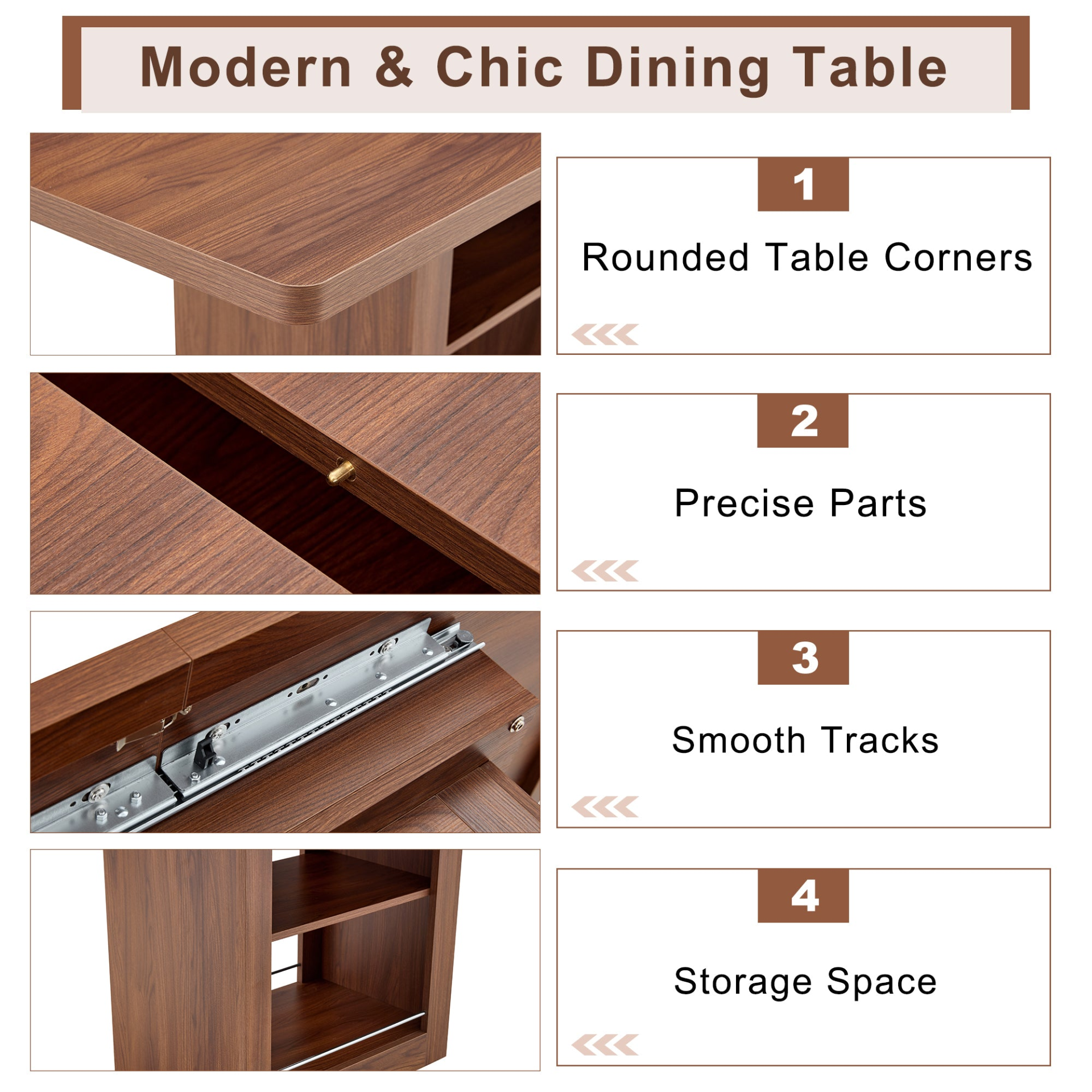 Rectangular MDF walnut dining table with storage, expandable for kitchen or dining room, by Start2Finish.