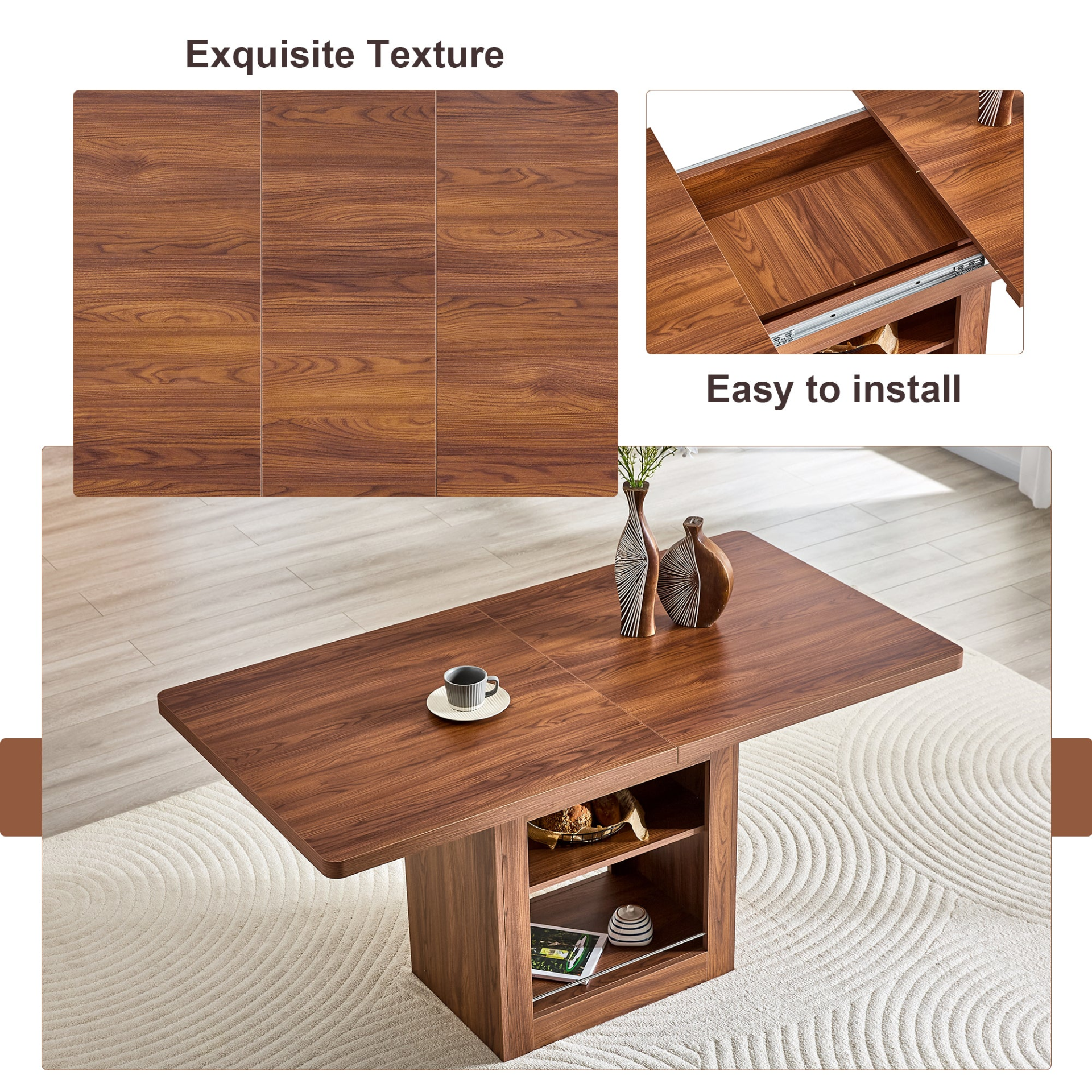 Rectangular MDF walnut dining table with storage and expandable leaves, ideal for kitchen, dining room, or apartment dining.
