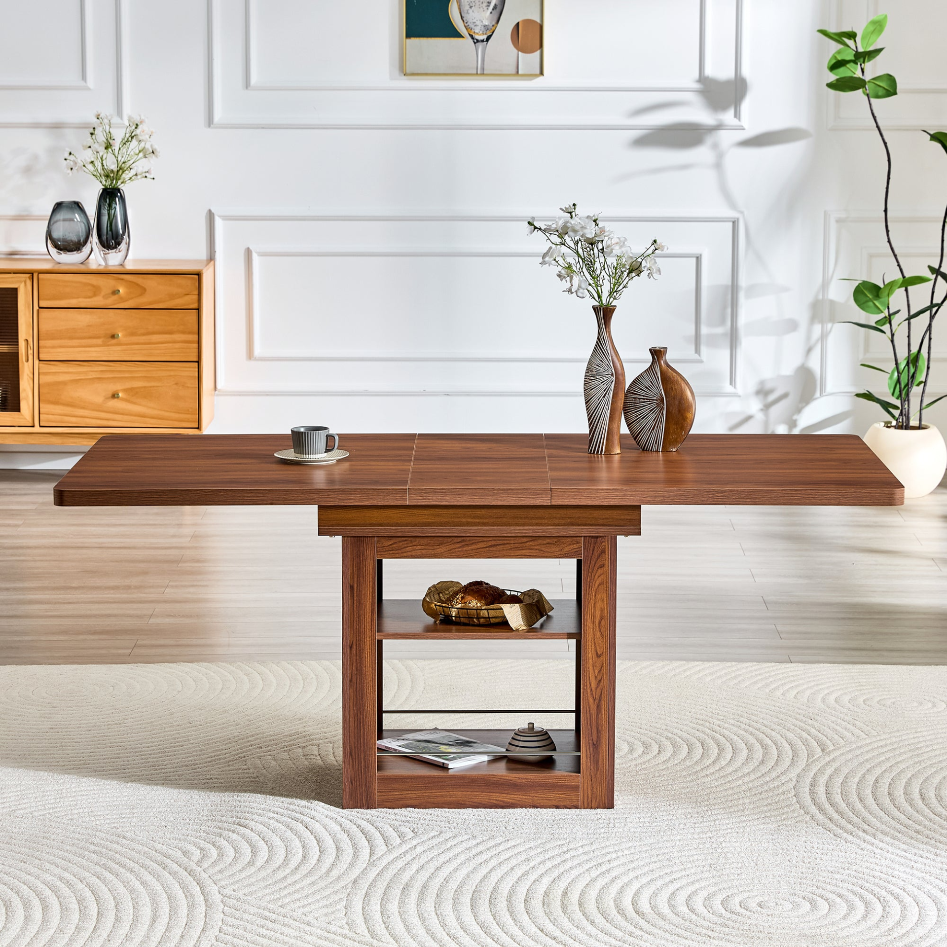 Rectangular MDF walnut dining table with storage and extendable leaves, ideal for kitchen, dining room, or apartment dining.