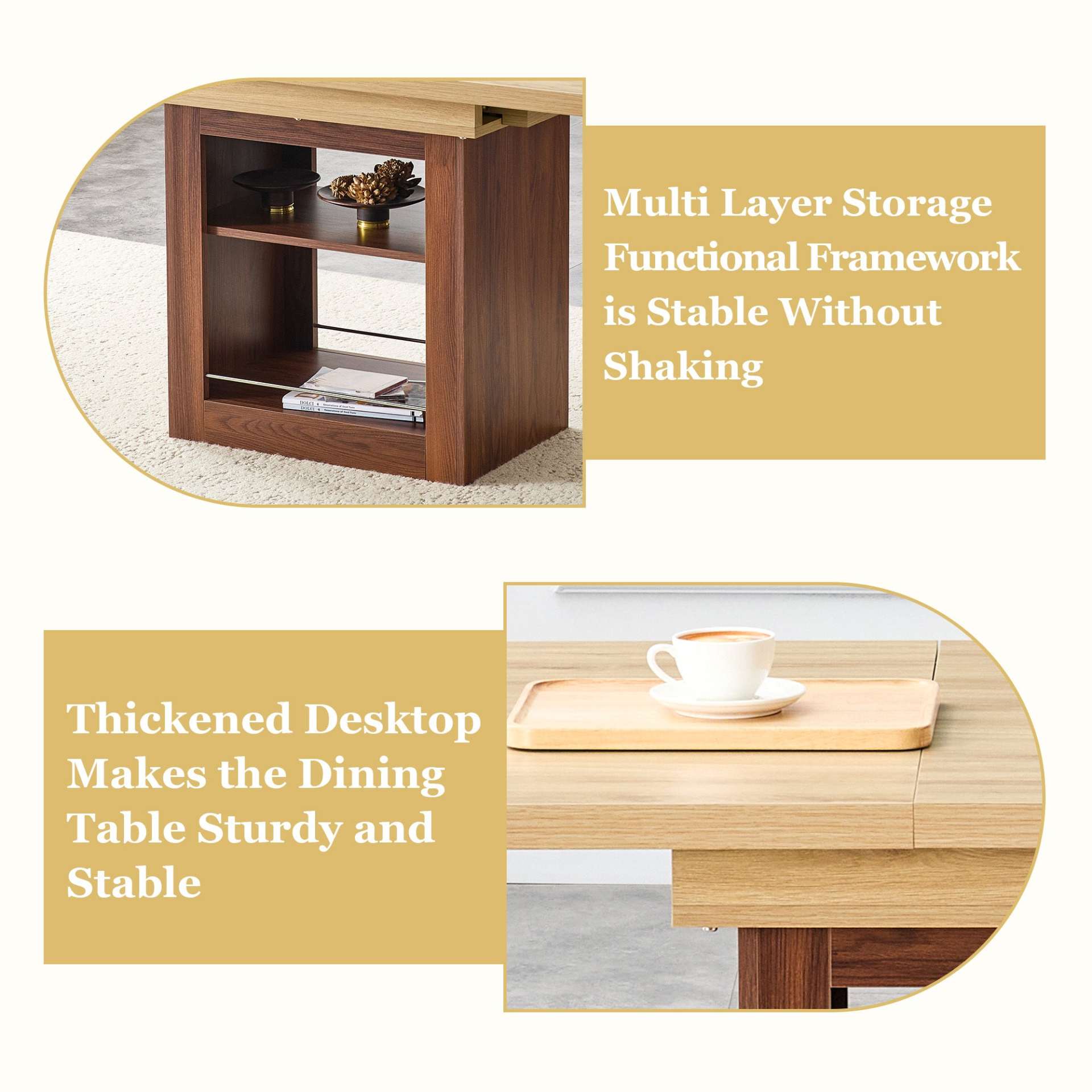 Rectangular MDF walnut dining table with storage and extension, ideal for kitchen, dining room, or apartment dining spaces.