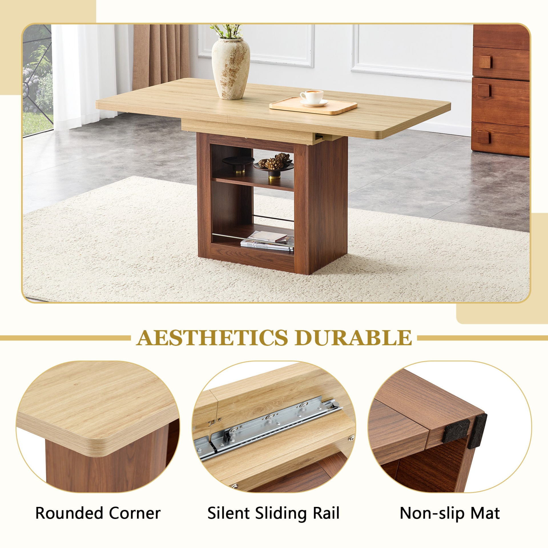 Rectangular MDF walnut dining table with storage and expandable design, ideal for dining rooms, kitchens, and apartments.