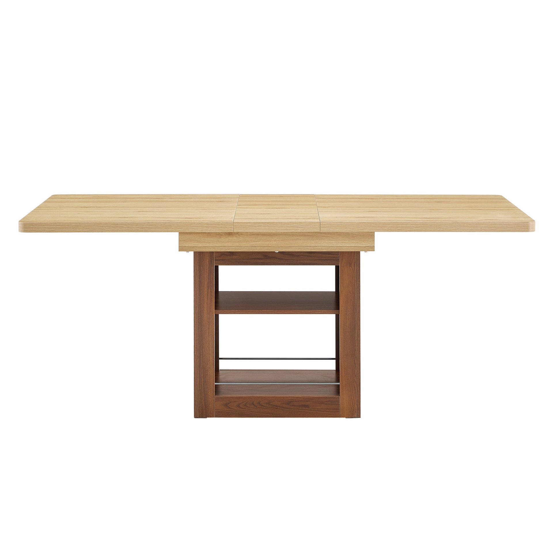 Rectangular MDF walnut dining table with storage, expandable for dining room, kitchen, or apartment dining spaces.