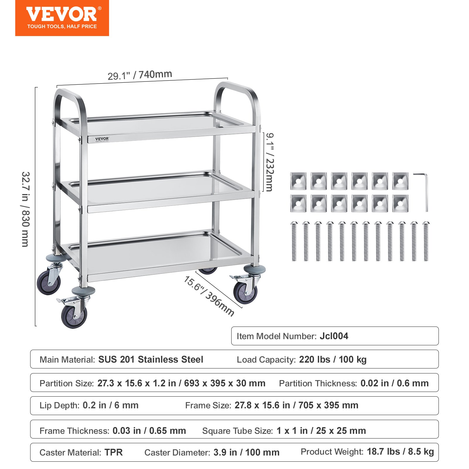 Start2Finish stainless steel 3-layer lab utility cart with lockable wheels, ideal for medical, kitchen, or salon use.