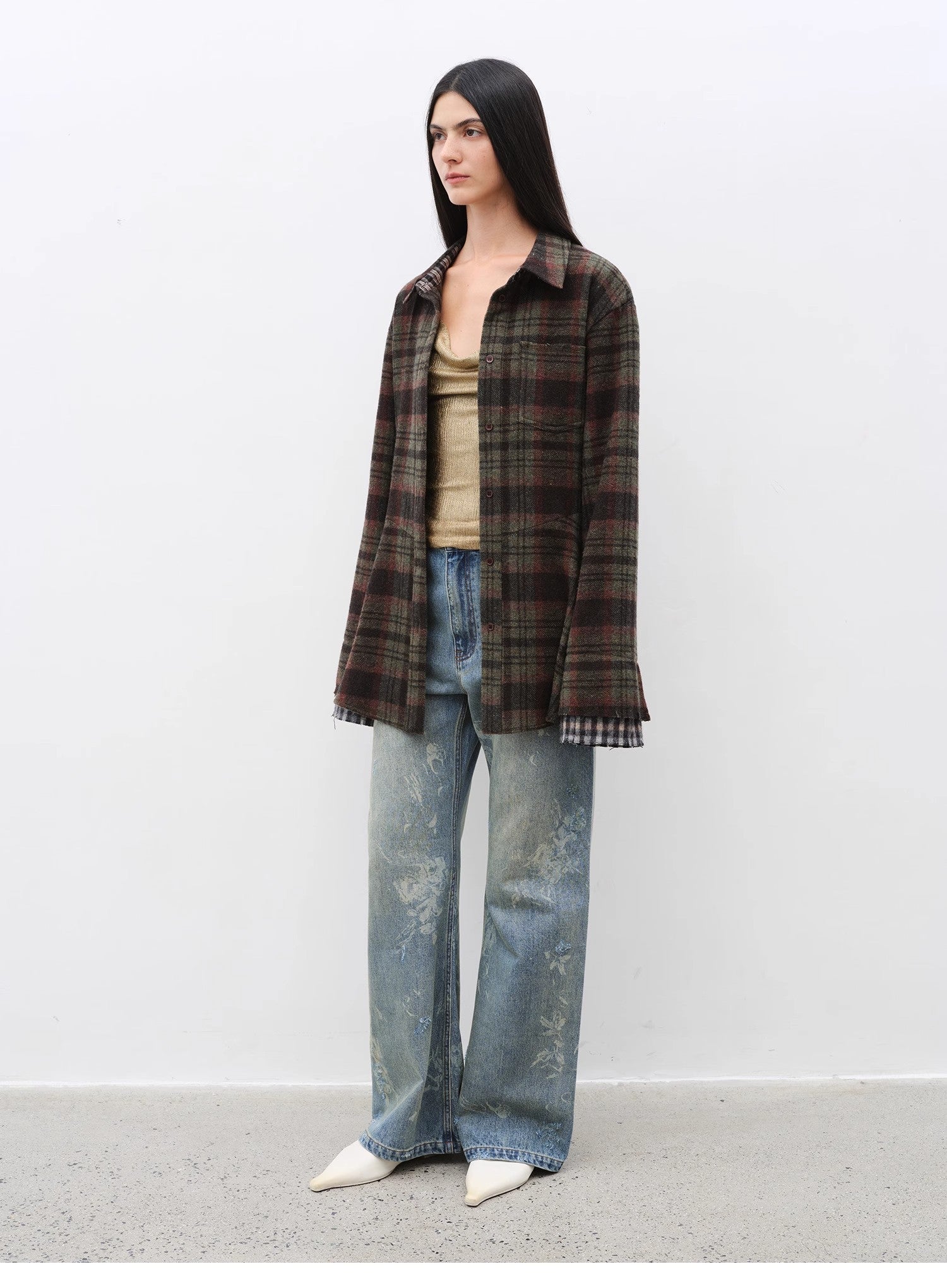 Brown Coeus Denim Shadow retro washed layered casual cotton jacket with printed design and slimming fit, styled for a relaxed look.