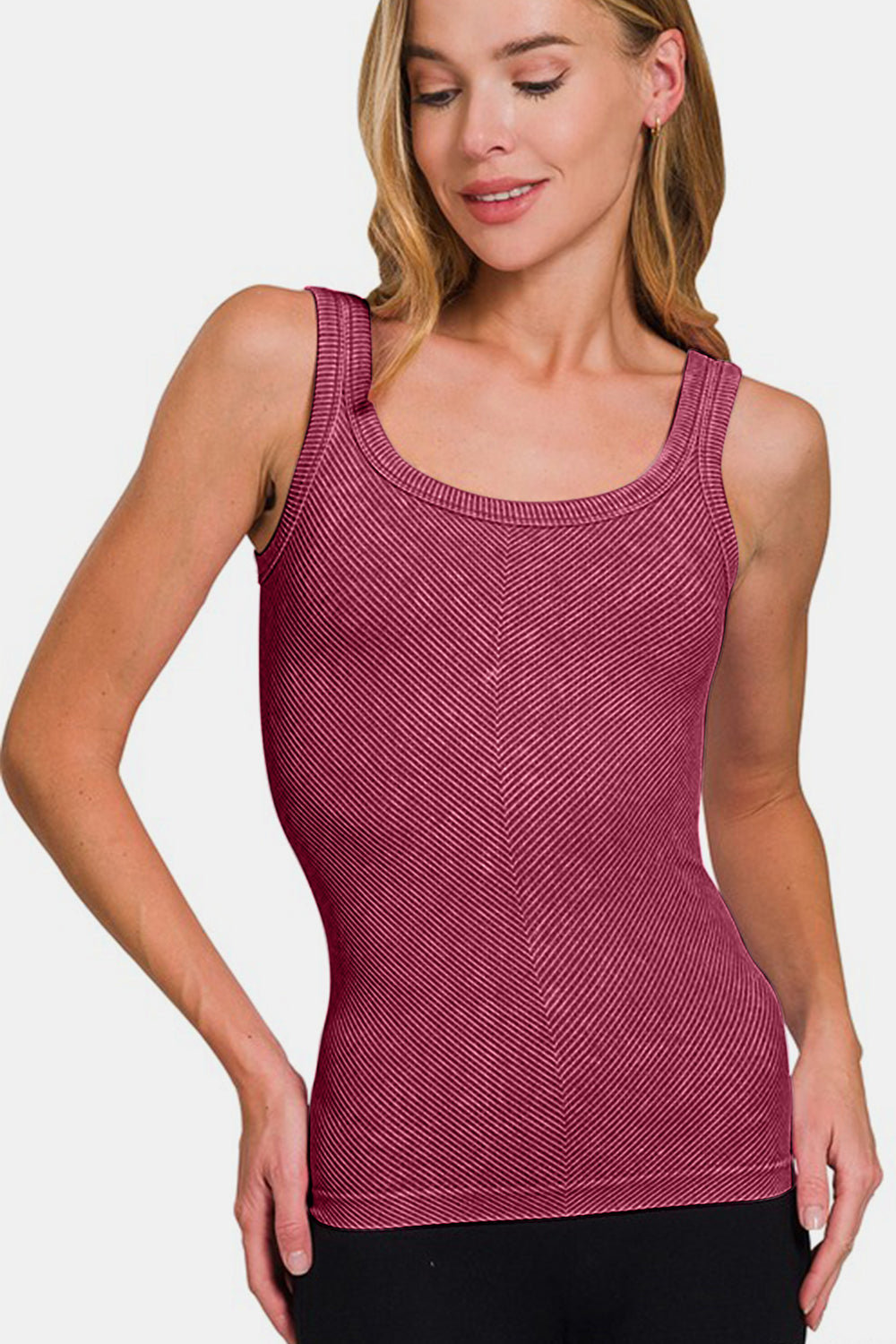 Jade Icarus Zenana Ribbed Scoop Neck Tank, automotive part with ribbed design and scoop neck, shown in detailed close-up image.