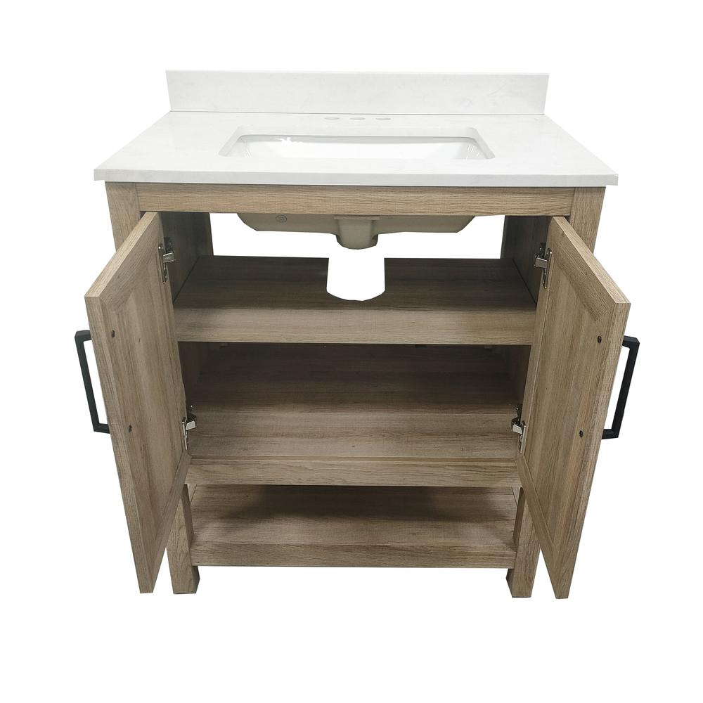 Contemporary 30-inch bathroom vanity with integrated sink, featuring sleek wood finish and modern hardware by Start2Finish