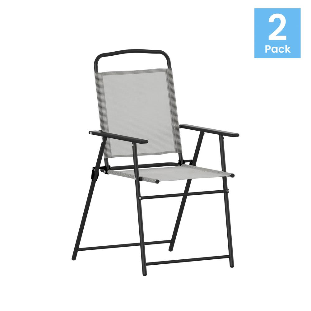 Set of 2 contemporary sling style patio chairs with armrests from Start2Finish, featuring durable frames and comfortable seating.