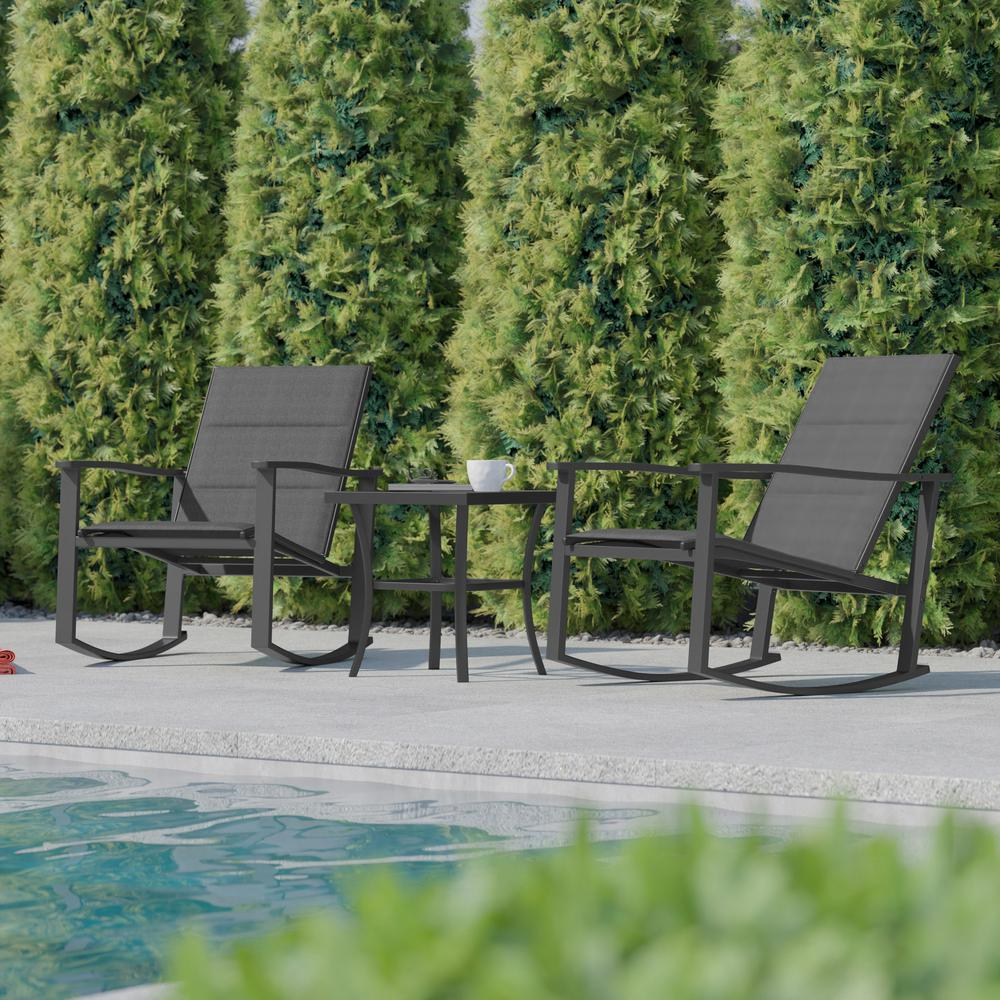 Set of three modern outdoor rocking chairs with a matching table by Start2Finish, featuring sleek design and weather-resistant material.