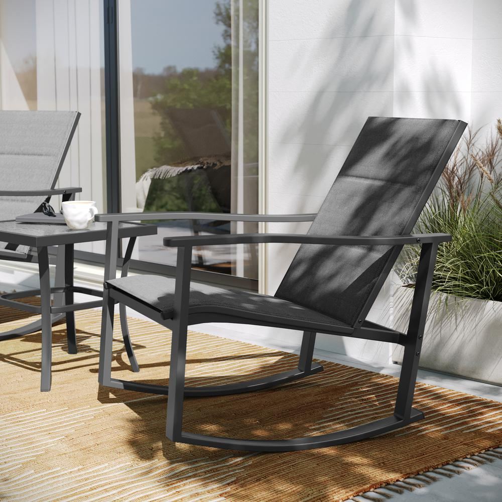 Start2Finish modern 3-piece outdoor rocking chairs and table set with wooden frames and comfortable cushions on a patio.