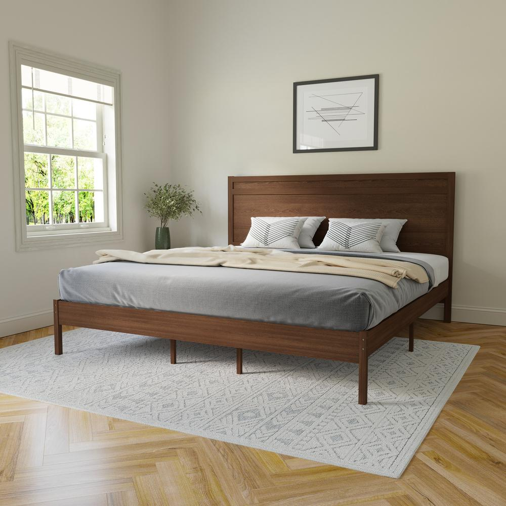 Modern king size wooden platform bed with headboard from Start2Finish, showcasing a sleek design and sturdy wooden construction.