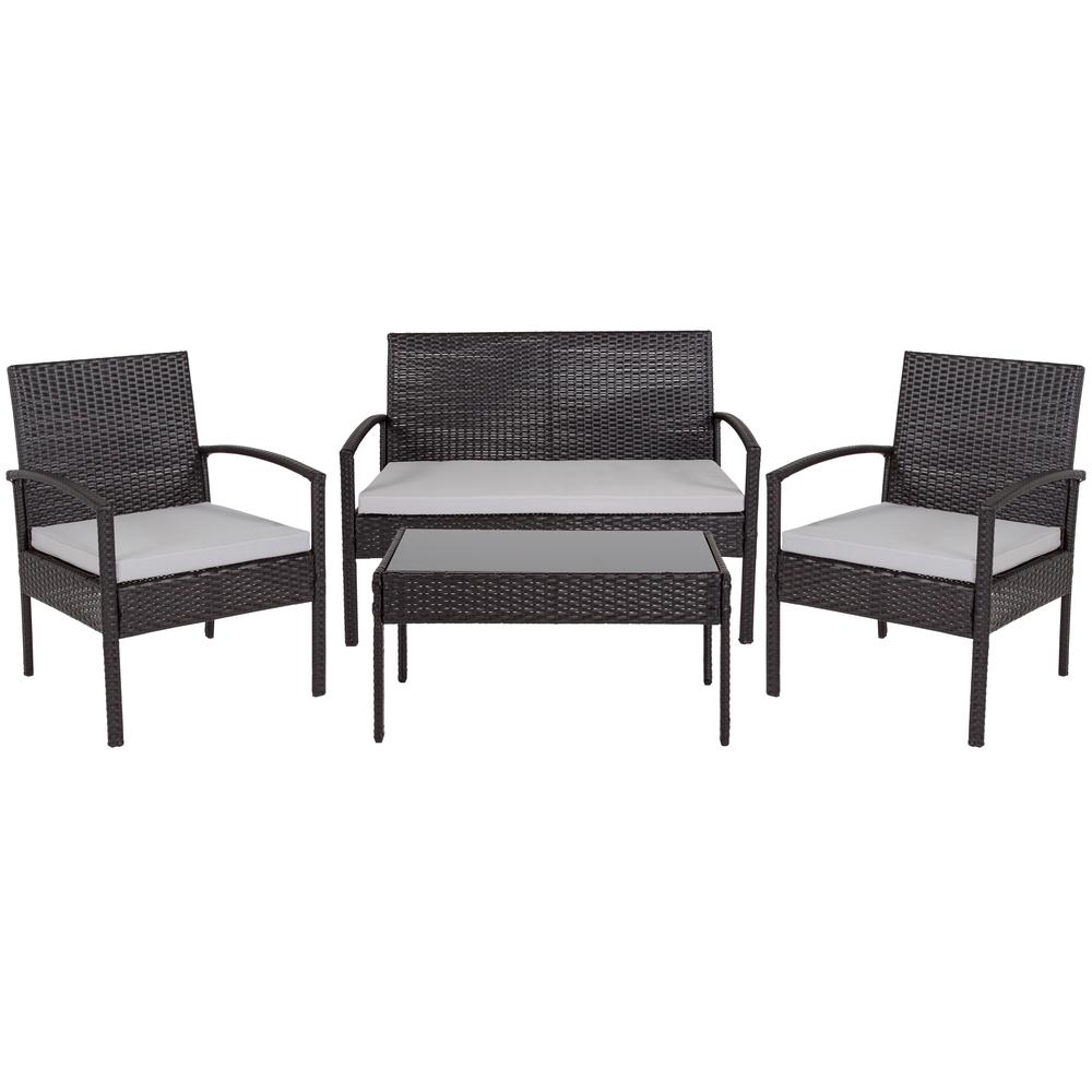 Contemporary outdoor seating set by Start2Finish with cushioned chairs and a matching table for patio or garden use.