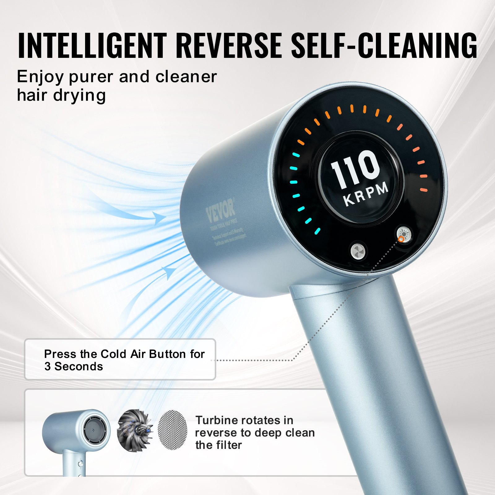 Start2Finish VEVOR high-speed hair dryer with brushless motor, LCD display, diffuser, and nozzle for professional home styling.