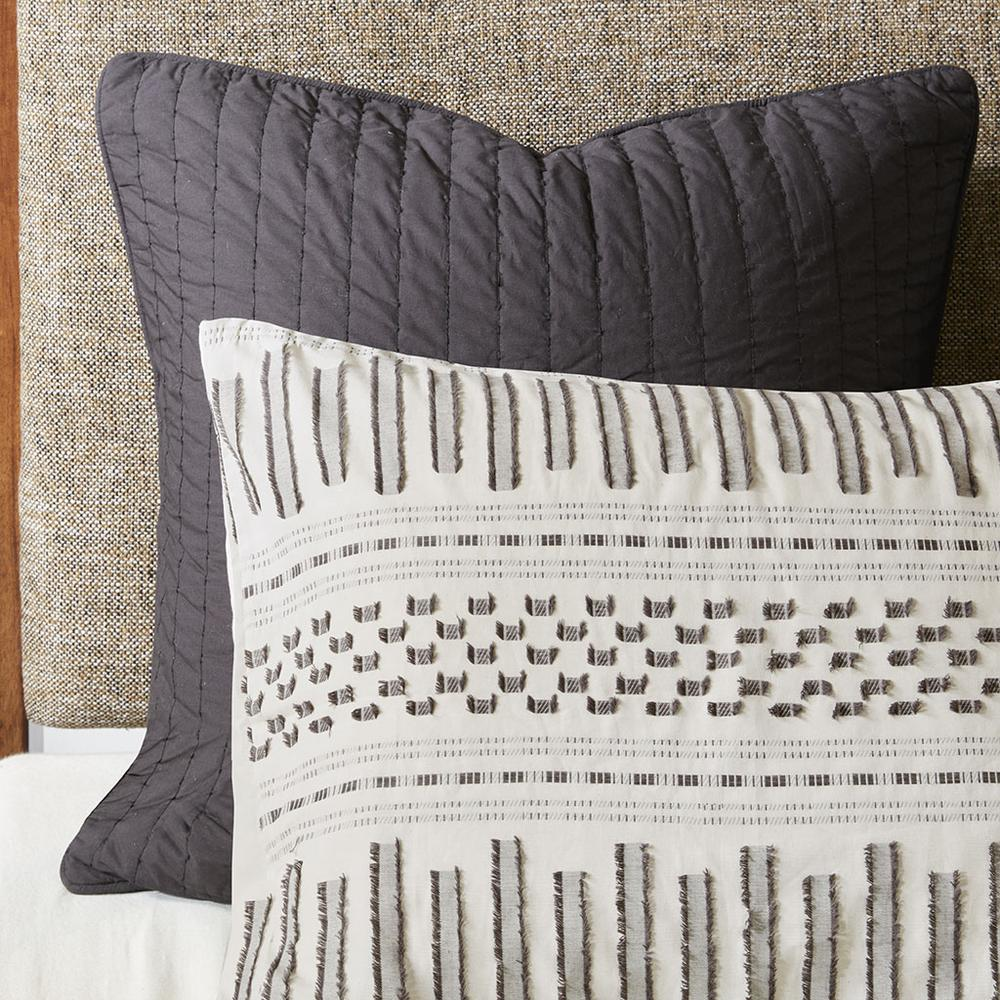 Start2Finish Rhea cotton jacquard duvet cover mini set in ivory and charcoal, showing intricate woven pattern and fabric texture.
