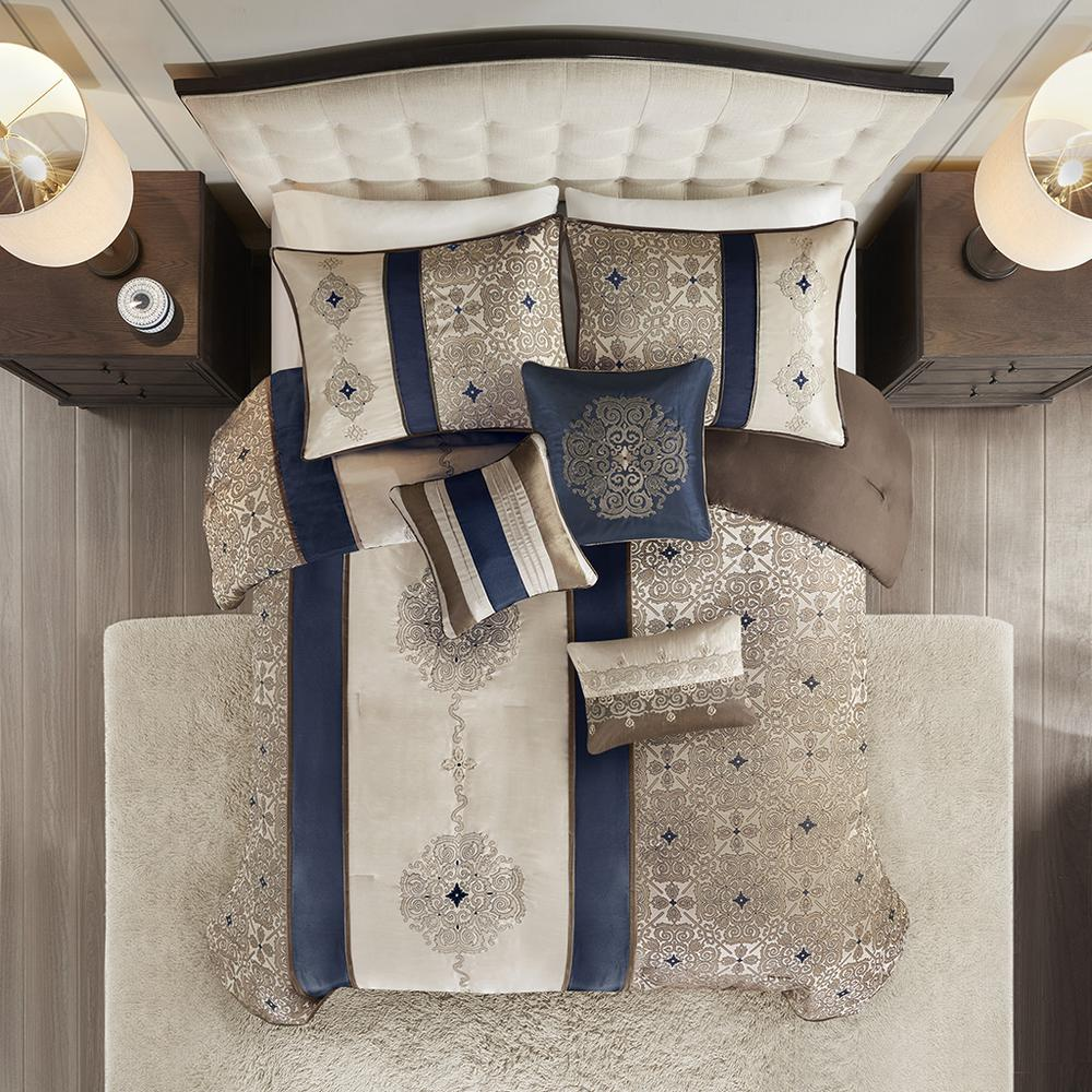 Start2Finish 7-piece Jacquard comforter set with matching throw pillows, featuring intricate woven design and cozy bedding.