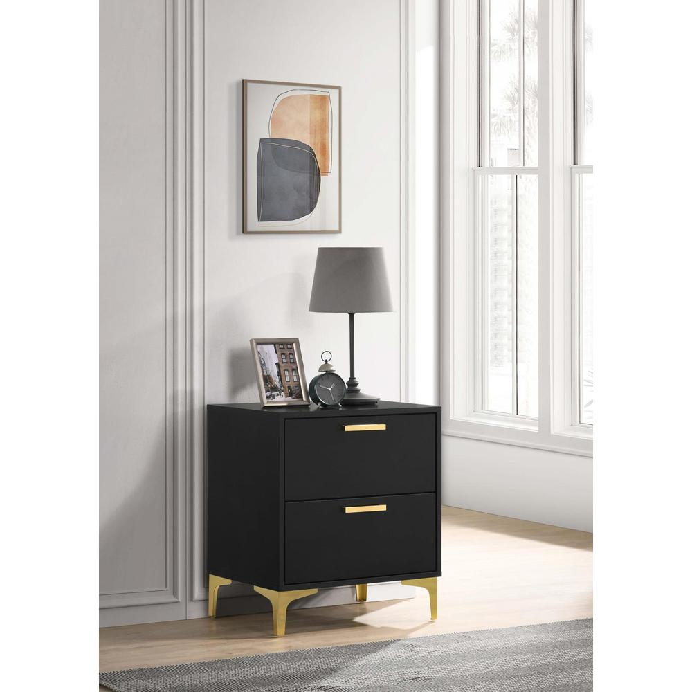 Black Kendall 2-drawer nightstand by Start2Finish, featuring sleek design and metal handles, shown in a modern bedroom setting.