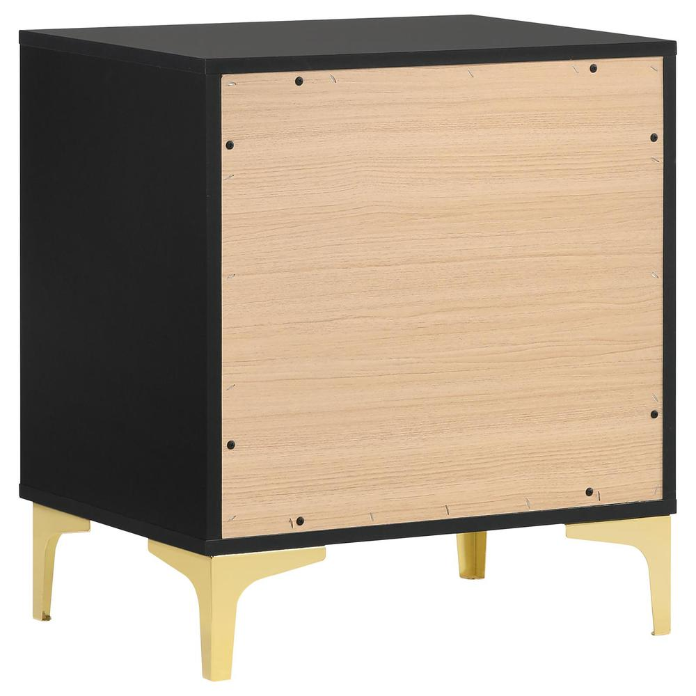 Black Kendall 2-drawer nightstand by Start2Finish with sleek design and modern handles, shown with a smooth surface and open drawers.
