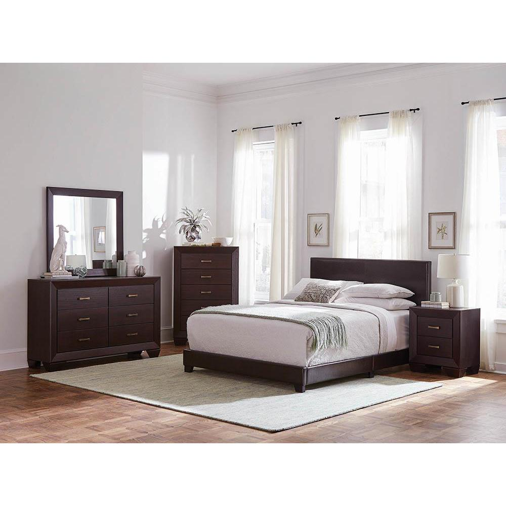 Brown Dorian upholstered full panel bed by Start2Finish with a padded headboard and sleek design, shown in a bedroom setting.